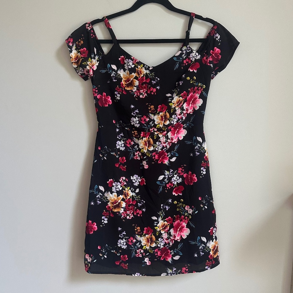 Express Black Floral Open Shoulder Mini Dress